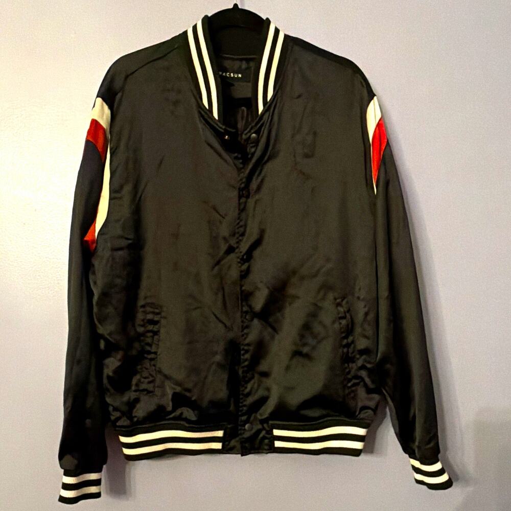 Vintage Y2K Satin Men L Black Jacket Streetwear Retro Bomber Varsity Rap Hip Hop
